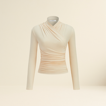 Cross-Over Collar Pleated Cinched T-Shirt
