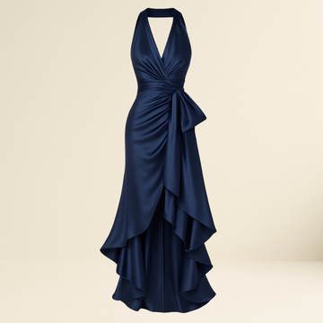 Midnight Elegance Satin Halter Ruffle Gown