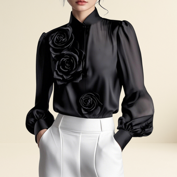 Modern White Blouse with 3D Rose Accents