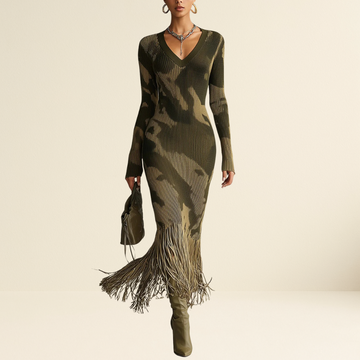 Olive Camo Knit V-Neck Fringe Hem Bodycon Dress