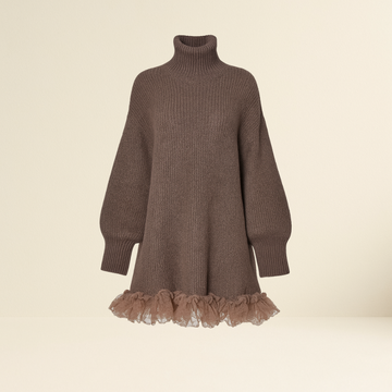 Brown Ruffled Hem Turtleneck Sweater Dress