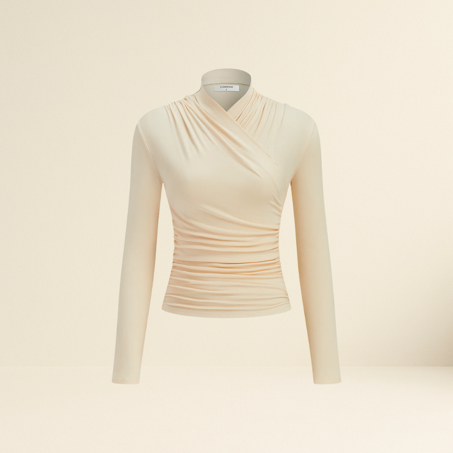 Cross-Over Collar Pleated Cinched T-Shirt