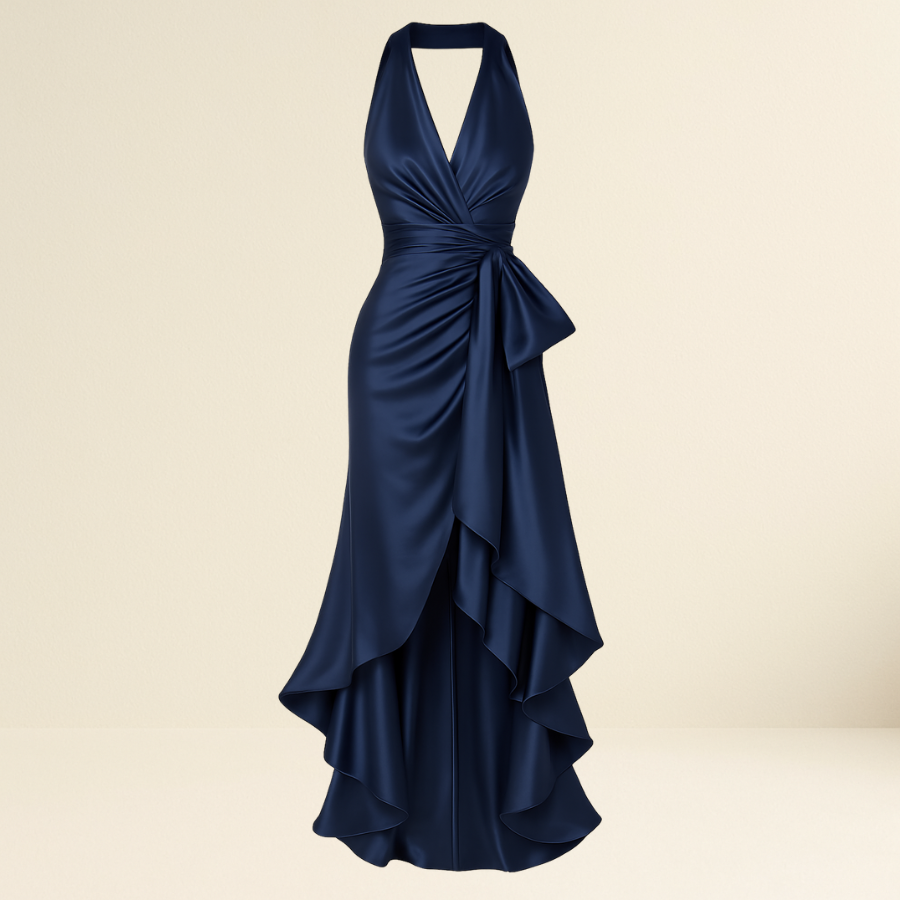 Midnight Elegance Satin Halter Ruffle Gown