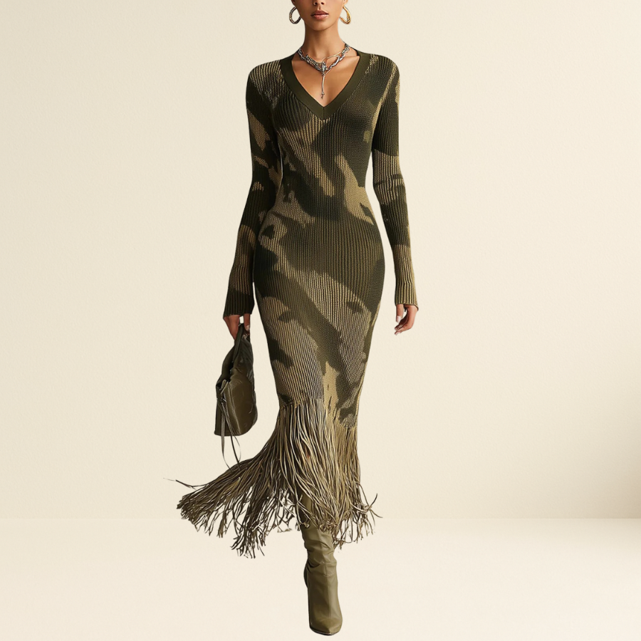 Olive Camo Knit V-Neck Fringe Hem Bodycon Dress